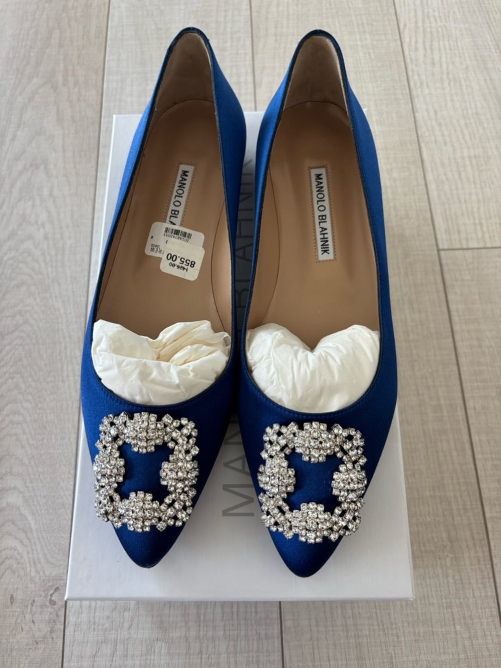 Manolo Blahnik Royal Blue Satin Pointed-Toe Flats with Crystal Buckle